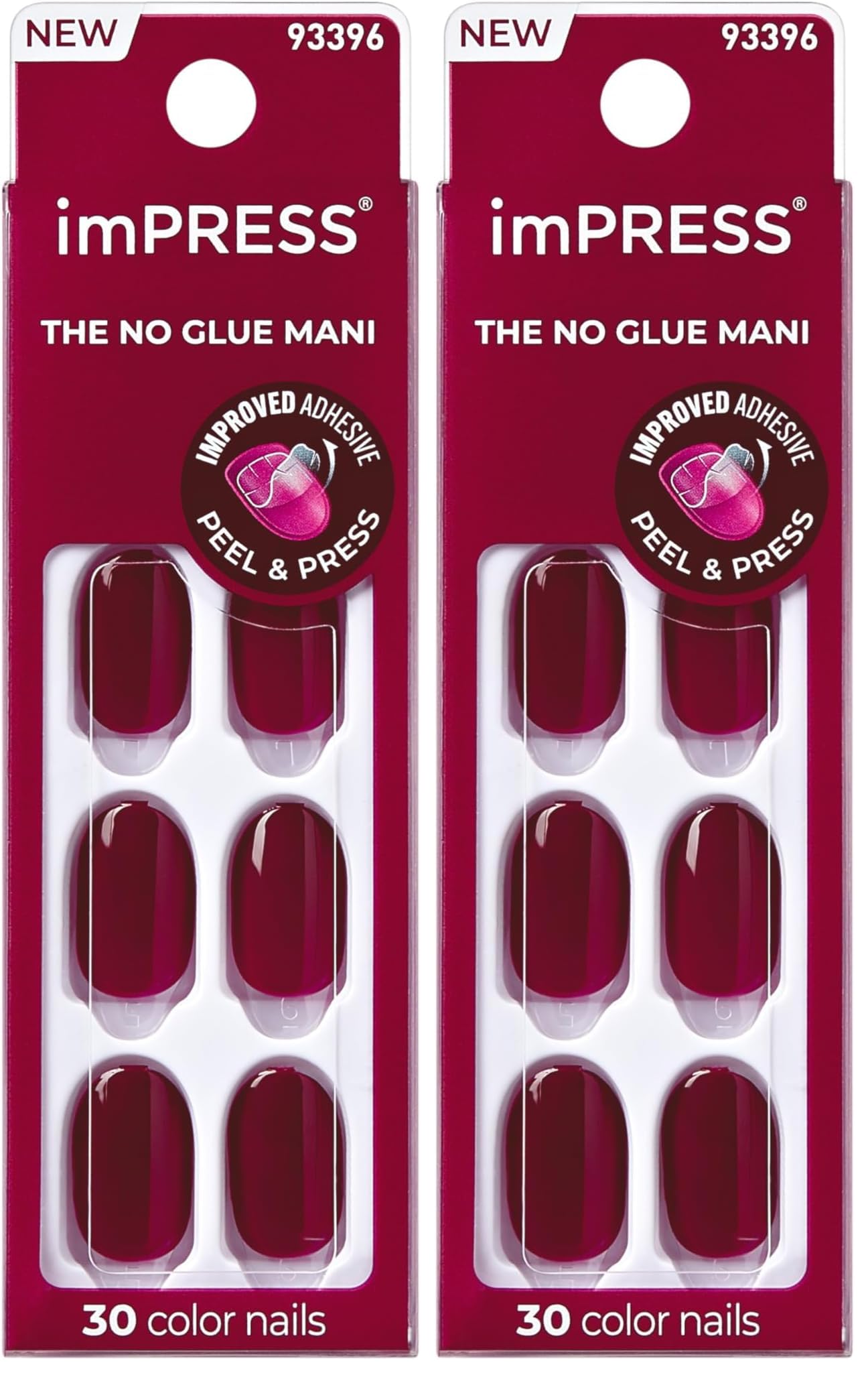 Kiss Impress No Glue Mani Press On Nails, Color, 'Maplewood', Red, Short Size, Oval Shape, Includes 30 Nails, Prep Pad, Instructions Sheet, 1 Manicure Stick, 1 Mini File (Pack of 2)