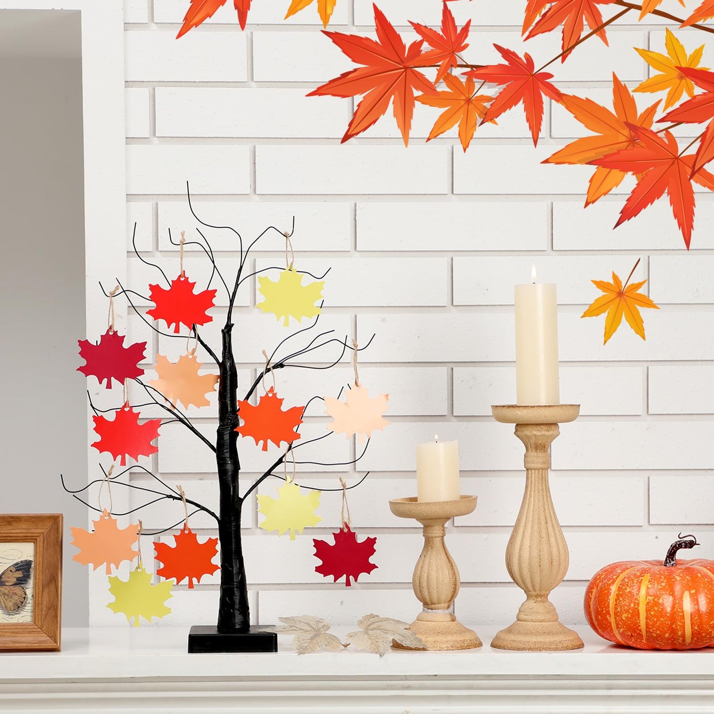 Briwooody 24” Thanksgiving Gratitude Tree with Leaves Kit Seasonal Holiday Decoration with Writing Pen Hemp Rope DIY Fall Decorations Craft Kit for Autumn Home Desktop Thanksgiving Decor(Maple Leaf)