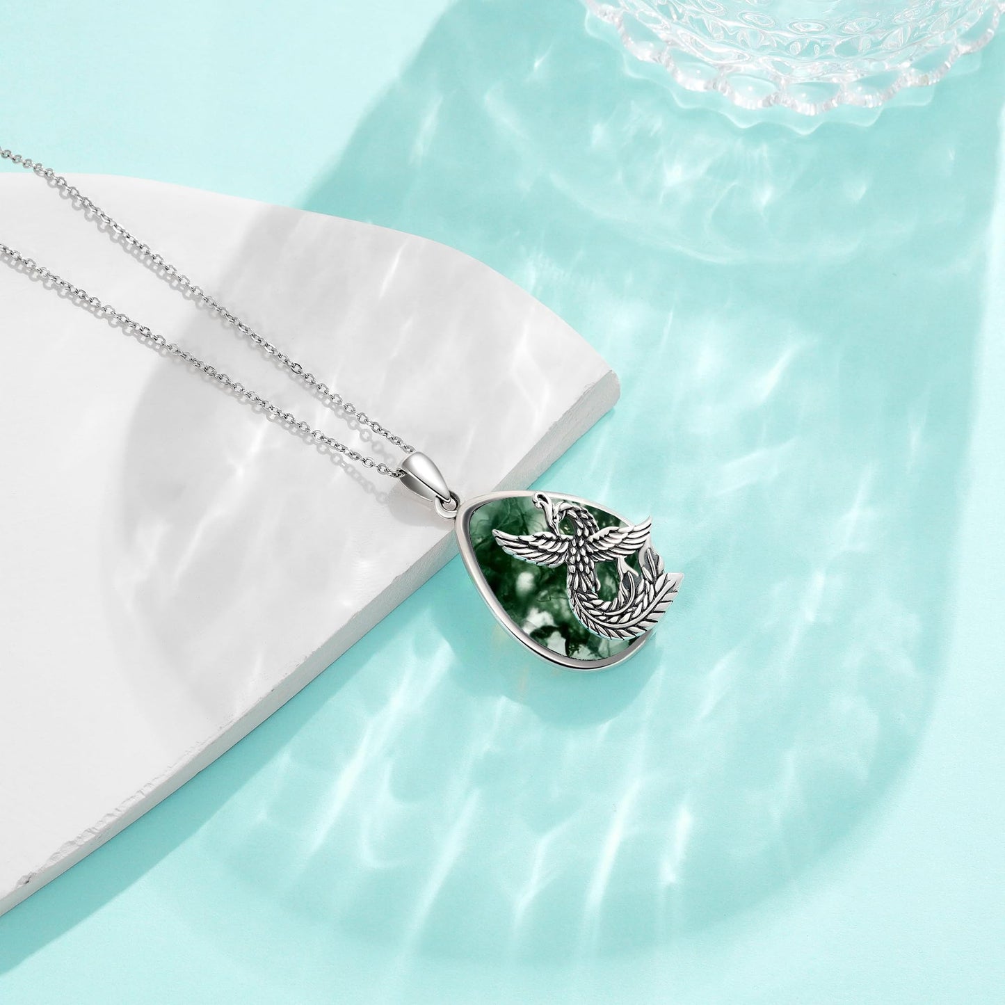 YAFEINI Phoenix Necklace Moss Agate 925 Sterling Silver Phoenix Pendant Mother's Day Jewelry for Women Mom