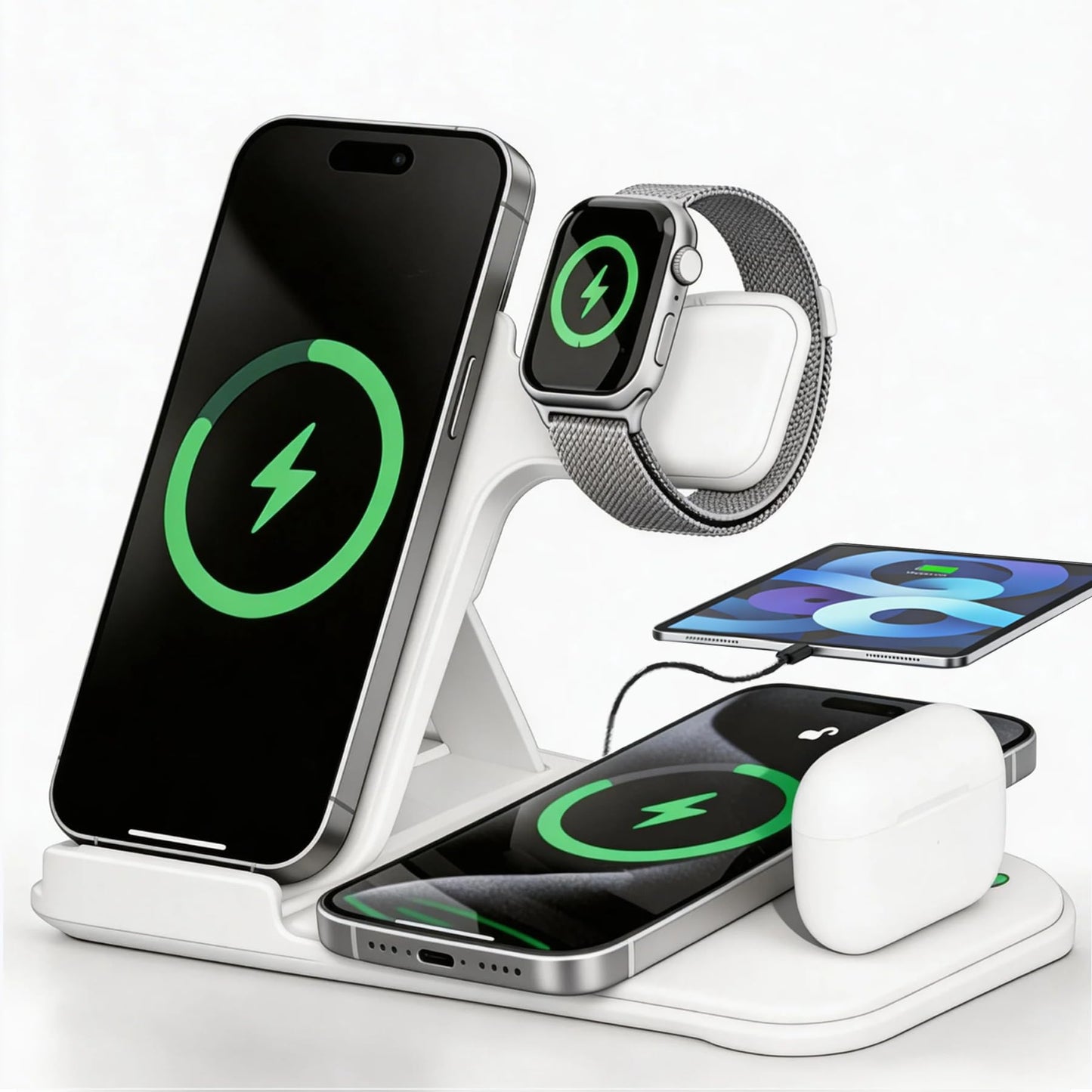 iGaur 5 in 1 Wireless Charging Station for Multiple Devices, Premium Fast Charging Stand for Apple Samsung Android, Dual Phone Dock with USB Port for Desk Nightstand
