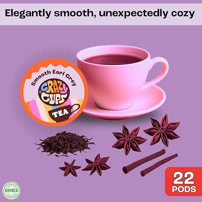 Crazy Cups Smooth Earl Grey Tea Pods, 22 Count | Kosher Certified Black Tea Blend with Licorice Root & Star Anise, K Cup Compatible, Bold Bergamot Flavor, Gluten Free, Vegan