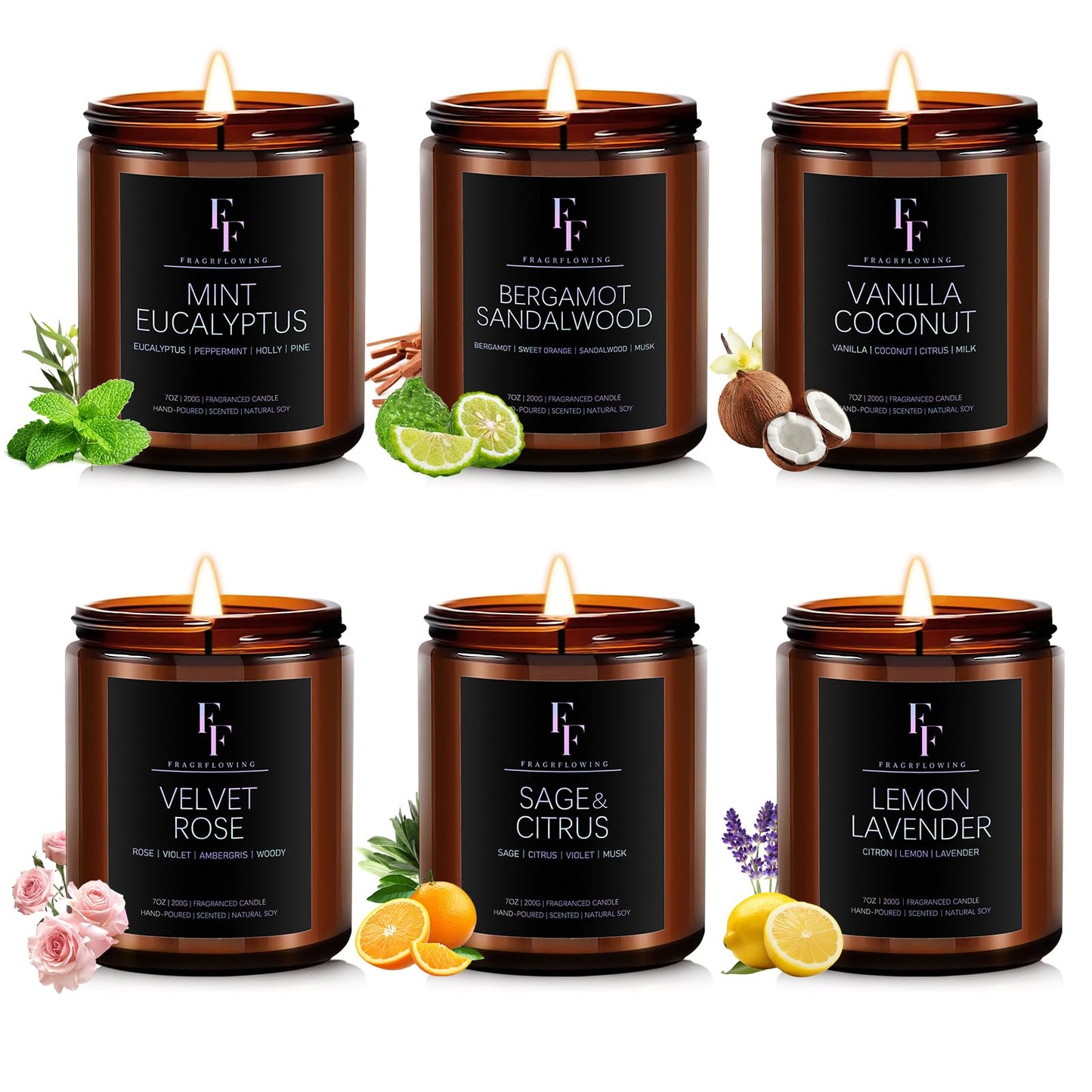 Scented Candles Set, Soy Wax Candles 6 Pack 42 Oz Aromatherapy Candles Gift Set for Women Men (Sage/Vanilla/Lemon/Sandalwood/Mint/Rose)
