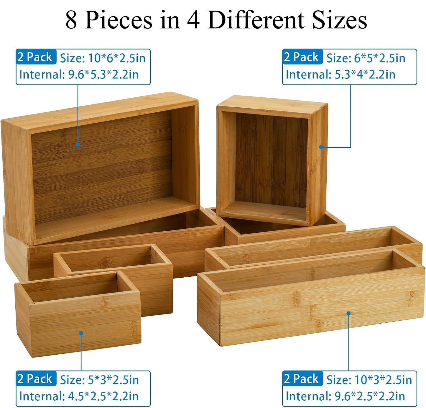 Lawei 8 Pieces Bamboo Drawer Organizer Boxes, Stackable Drawer Organizer Storage Tray 4-Size, Versatile Dividers Cutlery Holders Bins Containers for Kitchen, Bathroom, Office Desk, Makeup, Jewelry