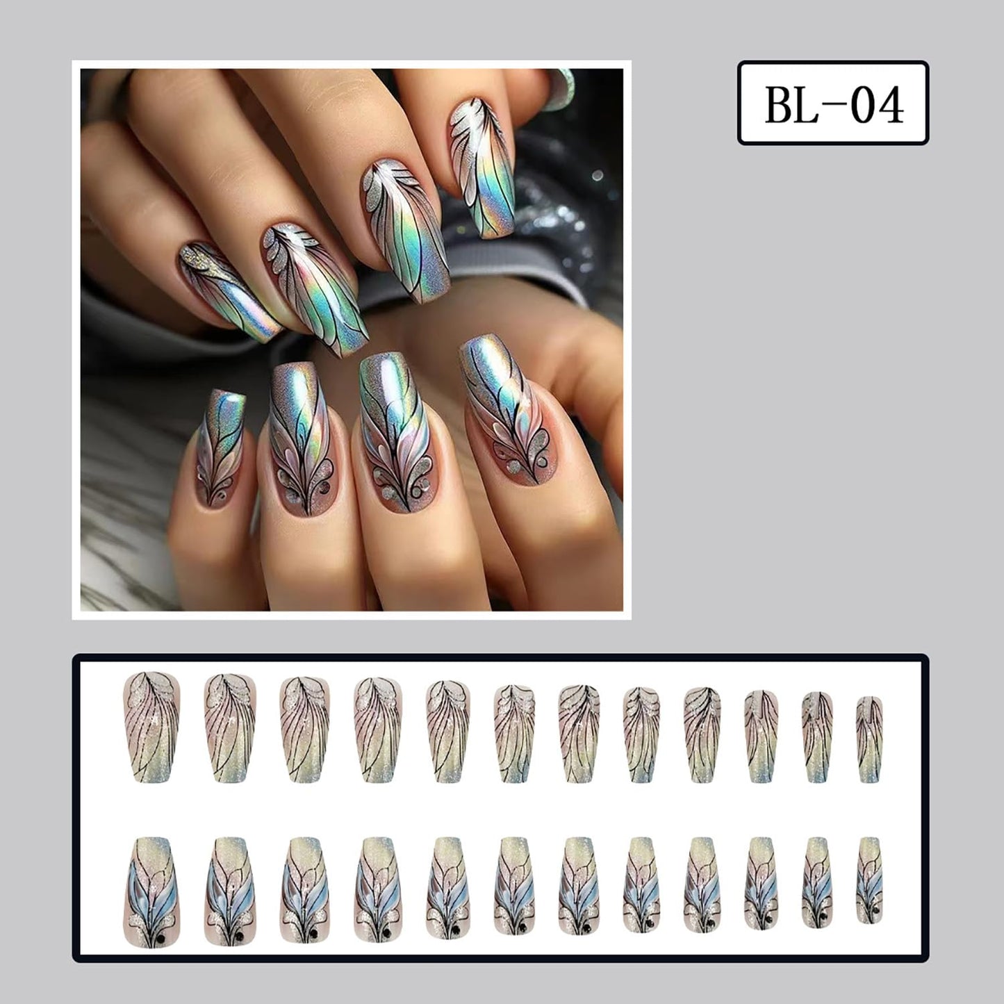 FIEONCIY Press on Nails Square Medium Length Glossy Full Cover Acrylic Square Shaped False Nails with Designs Artificial Short Coffin Fake Nails with Charms Glue ons Fingernails for Women(BL04)