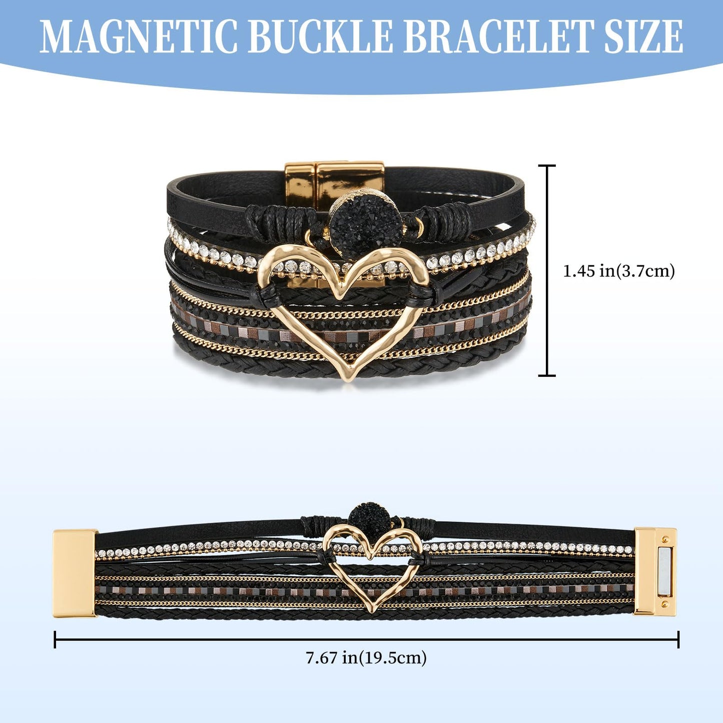 QIUTIMIY Leather Bracelets for Women Trendy Boho Cuff Bracelet Layered Bangle with Clasp Hand Wrist Jewelry Western(Style 6-Black)