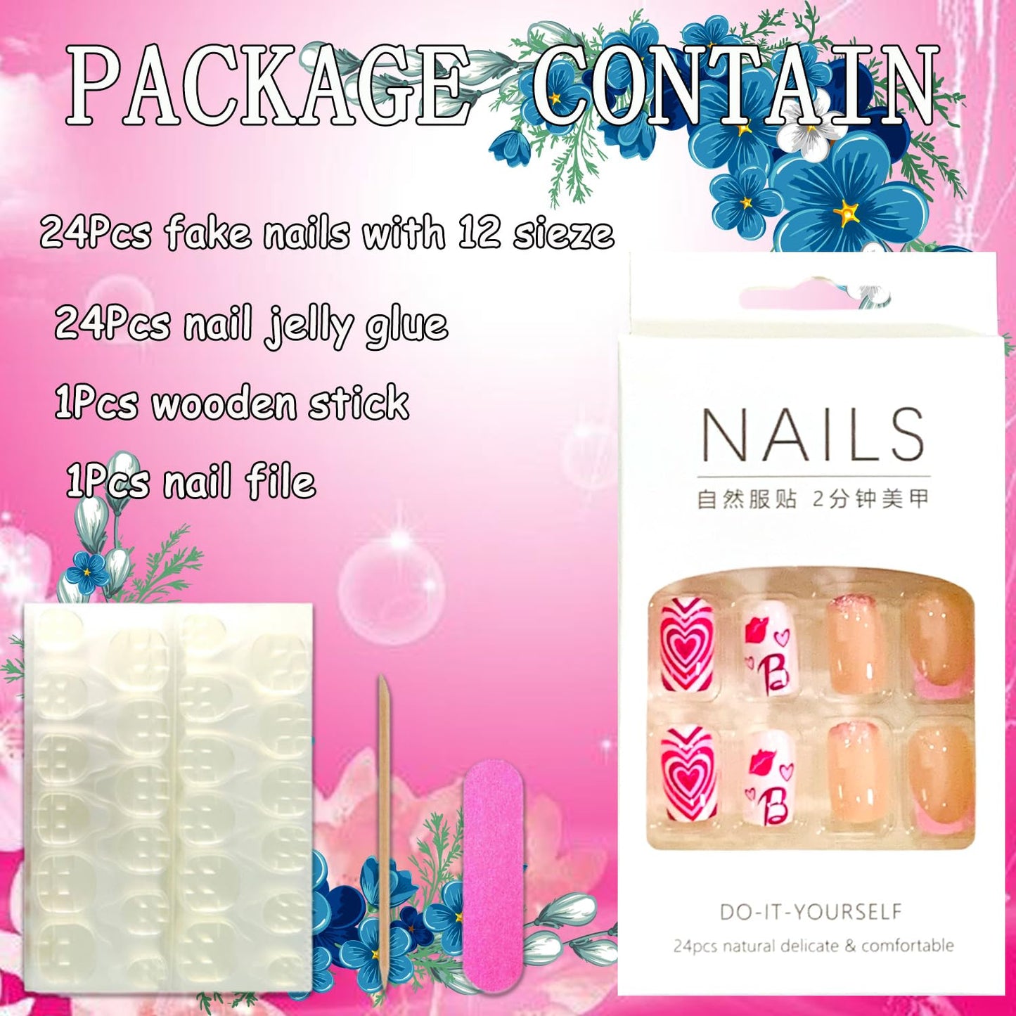 Press on Nails Medium Square Pink 24Pcs Glossy Full Cover Artificial French Fake Nails with Heart Lips Designs Reusable Coffin Acrylic False Nails Glue on Fingernails with Charm for Women