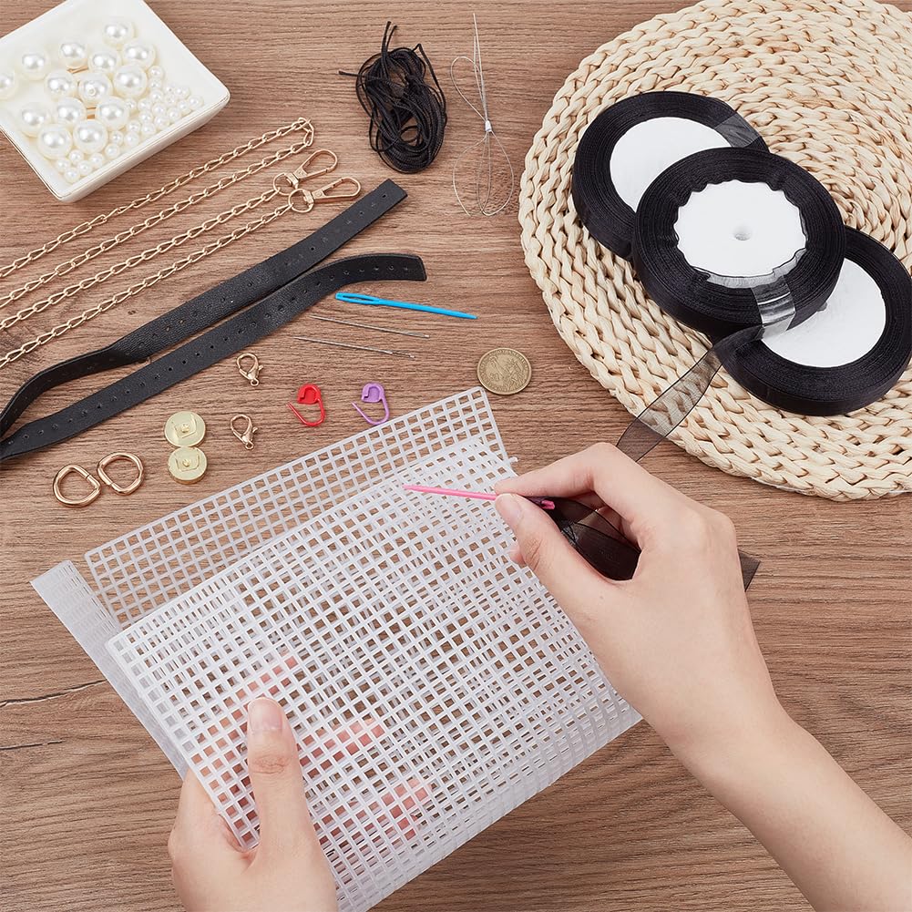 WADORN DIY Knitting Crochet Handbag Kits, Handmade Woven Bag Making Cross Stitch Mesh Plastic Canvas Sheets Set Hand-Knit Craft Shoulder Bags Needlepoint Kit with Ribbon Materials, Black