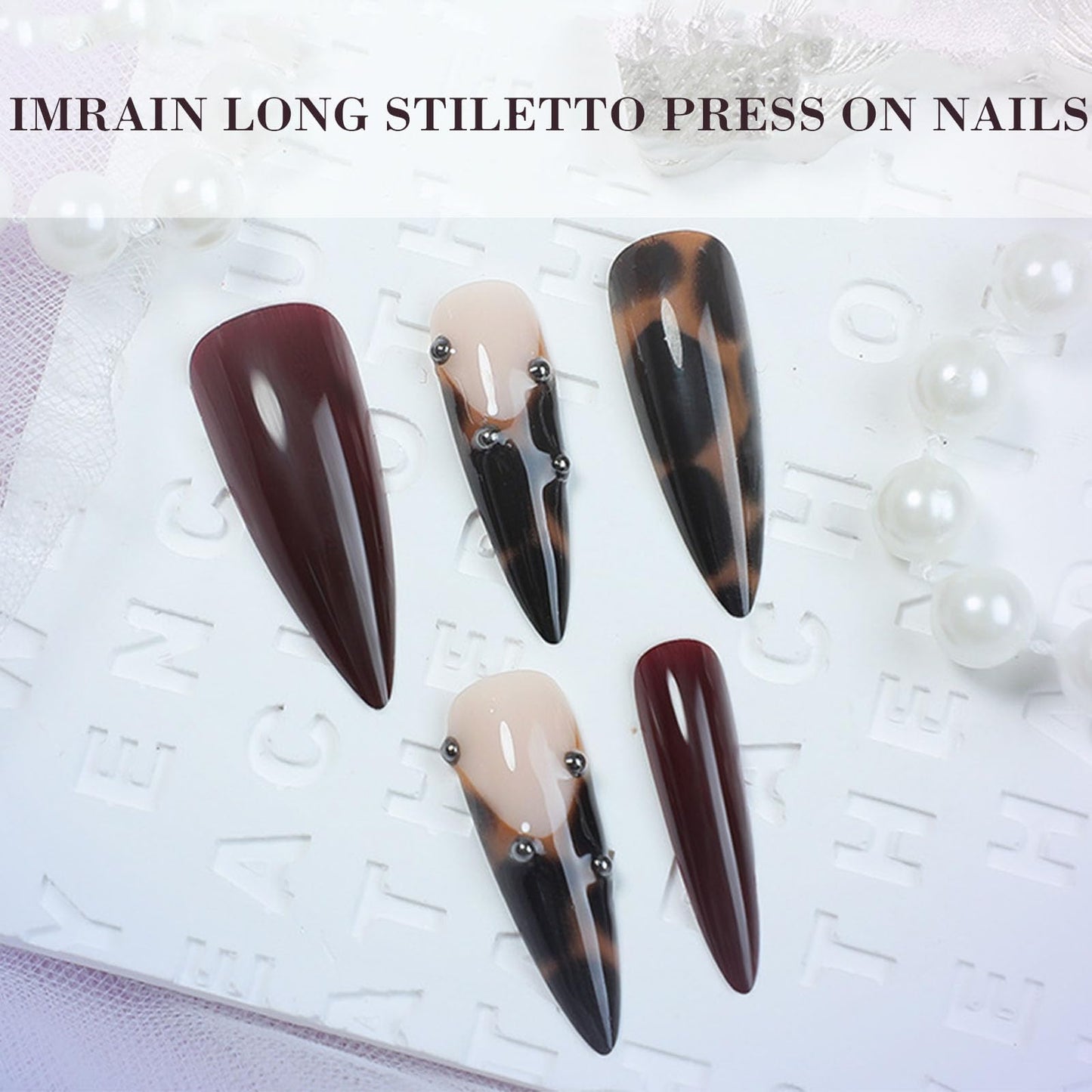 IMRAIN Long Stiletto Press on Nails Brown Leopard Fake Nails Full Cover Almond False Nails Glossy Acrylic Almond Stick on Nails for Women 24Pcs