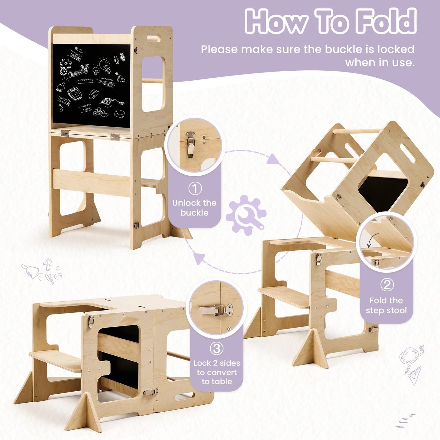 labebe Toddler Standing Tower for 12M+, Montessori Foldable Learning Standing Tower with Blackboard, Anti-tip Structure Design,Wooden Kitchen Step Helper Stool for 1-3 Year Old Boy Girl Gift