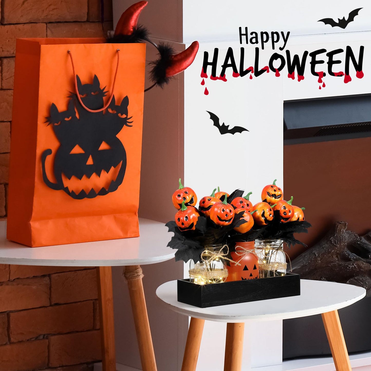 Honeydak 9 Pcs Halloween Table Centerpieces Pumpkin Mason Jar for Halloween Table Dining Room with Farmhouse Wood Tray 3 Mason Jars with Artificial Flowers and 2 LED Light for Dining Room