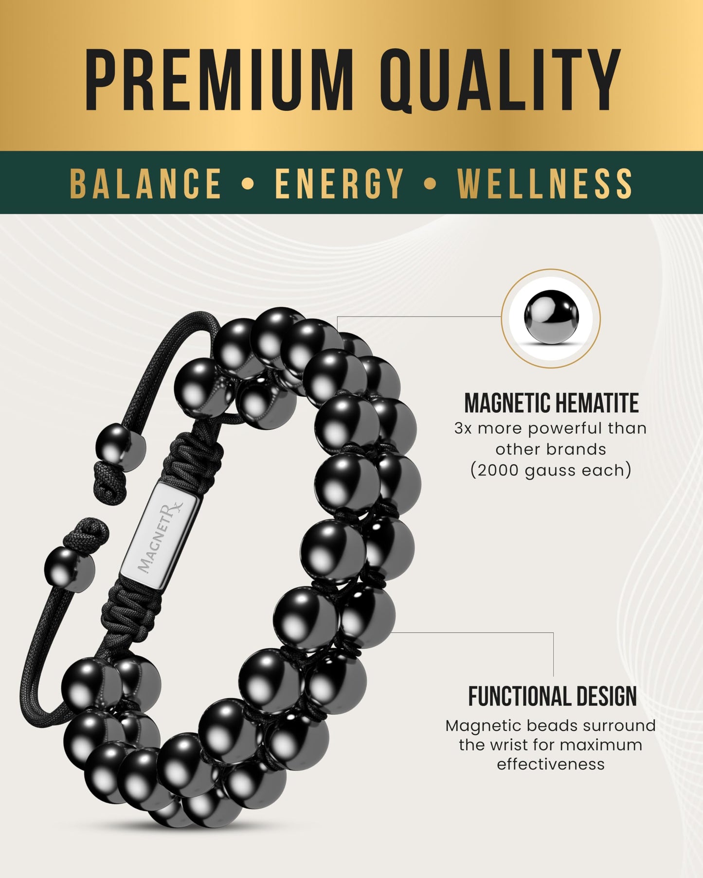 MagnetRX® Magnetic Hematite Bracelet – MAX Strength Magnetic Stones – Beaded Magnetic Bracelets for Men and Women (Double Strength 8mm)