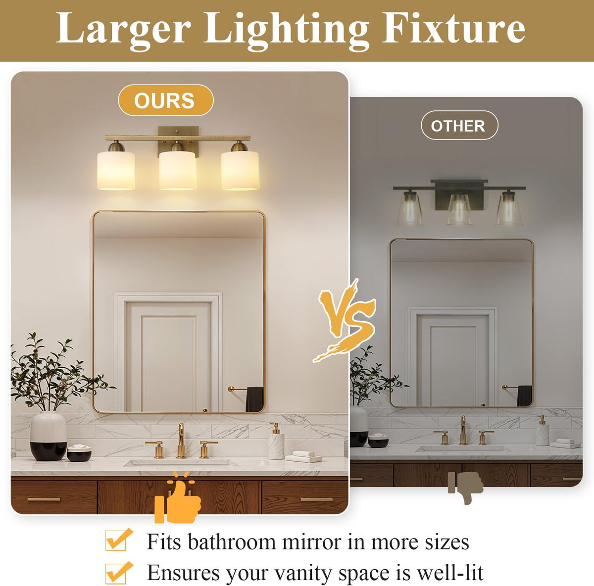 Stainless Steel Milk Glass Vanity Lights for Bathroom, 3 Light Brass Bathroom Light Fixtures Over Mirror, Ceramic E26 Sockets Wall Mounted