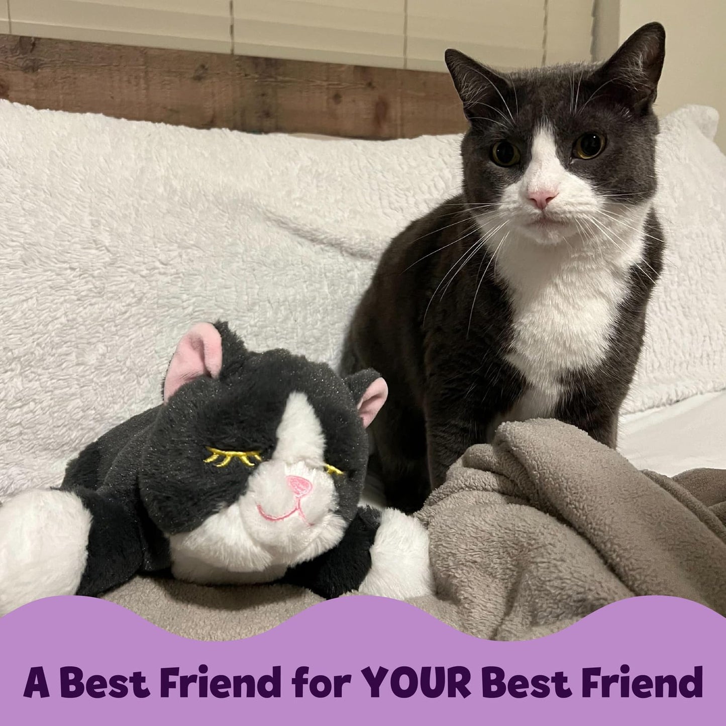 Snuggle Kitty Heartbeat Cat Toy for Kittens and Cats with Real-Feel Pulse and Heat Pack, Calming Sleep Aid for Cat Anxiety, New Kitten Essentials - Grey and White
