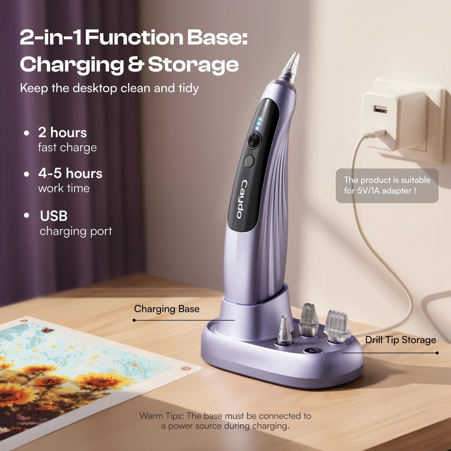 Caydo Electric Diamond Art Pens with Light, Wireless, 3 Adjustable Suction Levels, Rechargeable DiamondPaintingPen with 2-in-1 Base & Replaceable Tips, Diamond Art Kits for Adults, EP4
