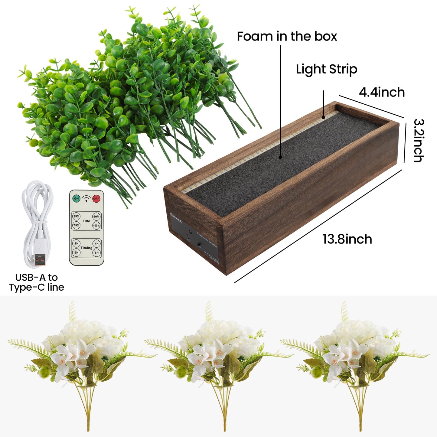 14" Artificial Peony Hydrangea Flowers Arrangement in Rectangular Wooden Planter Box, Rechargeable LED Faux Plants with Remote, Table Centerpieces for Dining Room Coffee Living Room Easter Home Decor
