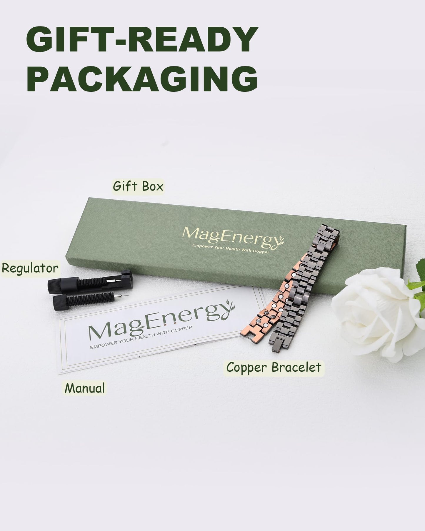 MagEnergy Copper Magnetic Bracelet for Men, 99.9% Pure Copper Bracelet with Double-Row Strength Magnets, Adjustable Jewelry with Sizing Tool