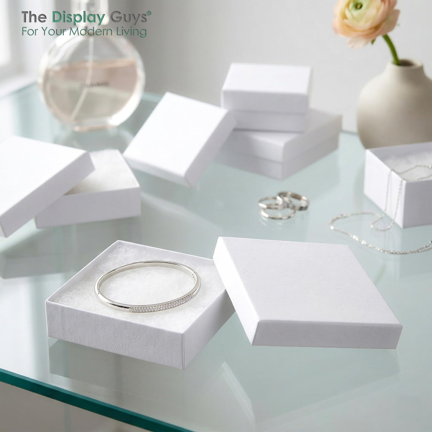 TheDisplayGuys - 25-Pack #33 Cotton Filled Cardboard Paper Jewelry Boxes Gift Case - White Swirl (3.5" x 3.5" x 1.0") - for Shipping or Storage