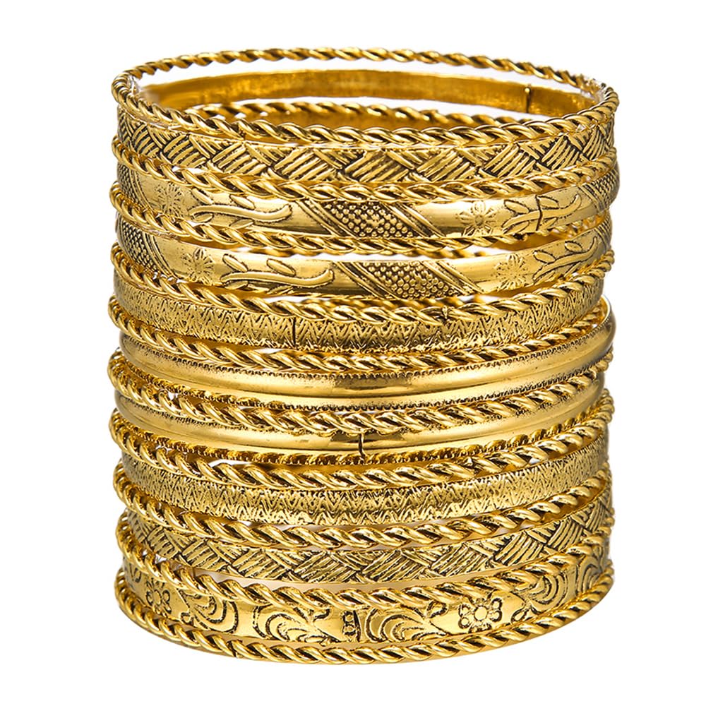 RINTOLER 19Pcs Gold Bangle Bracelets Set for Women - Multi Layered Stackable Textured Bracelets Womens Bangle Bracelets Boho Jewelrys for Women. (RTL-BG-SETa002)