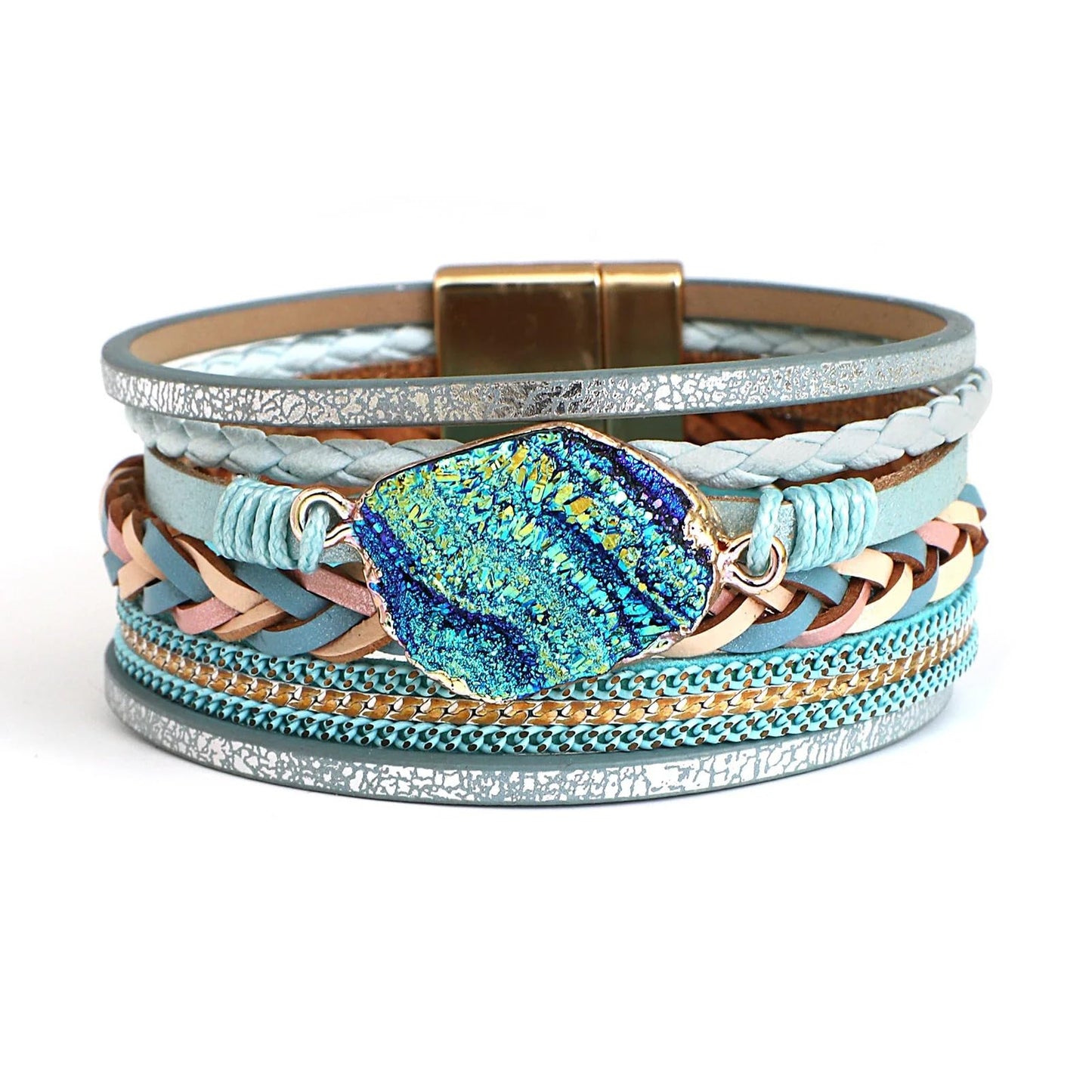 Leopard Bracelet for Women, Boho Leather Wrap Multi-Layer Pearl Crystal Bracelet Bangle Jewelry(Woven Leather(Blue))