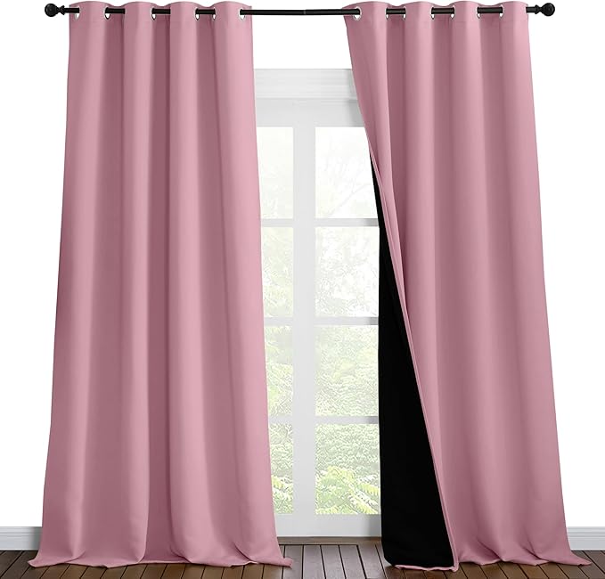 NICETOWN Total Shade Curtains and Draperies, Heavy-Duty Full Light Shading Drapes with Black Liner Backing for Villa/Hall/Dorm Window(Crystal Pink, Package of 2, 55 inches Wide x 96 inches Long)