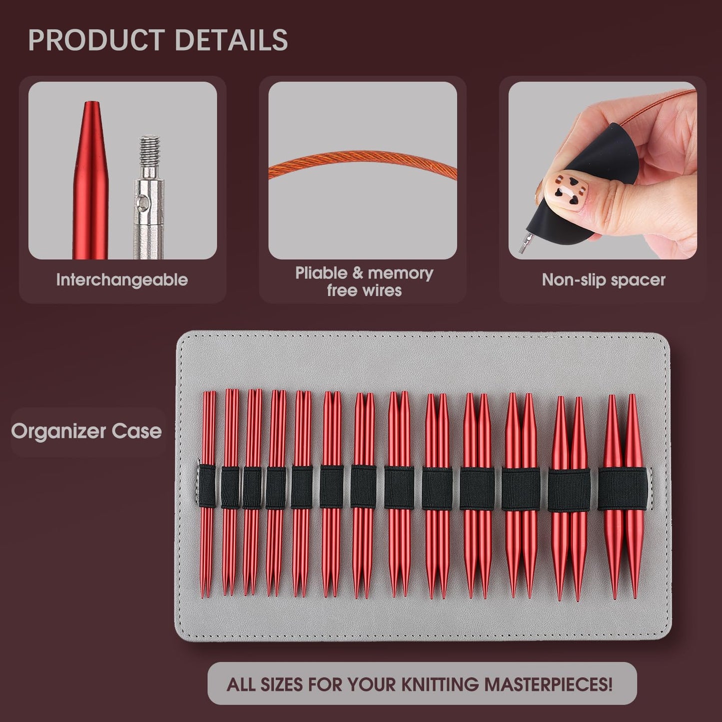 Guclud Interchangeable Circular Knitting Needles Set 4-Inch | US 2.5-15 (3.0-10.0mm) | 13-Pair of Metal Circular Needles | 4 Cables (16", 24", 32", and 40"), Accessories & Case (Rose Red)