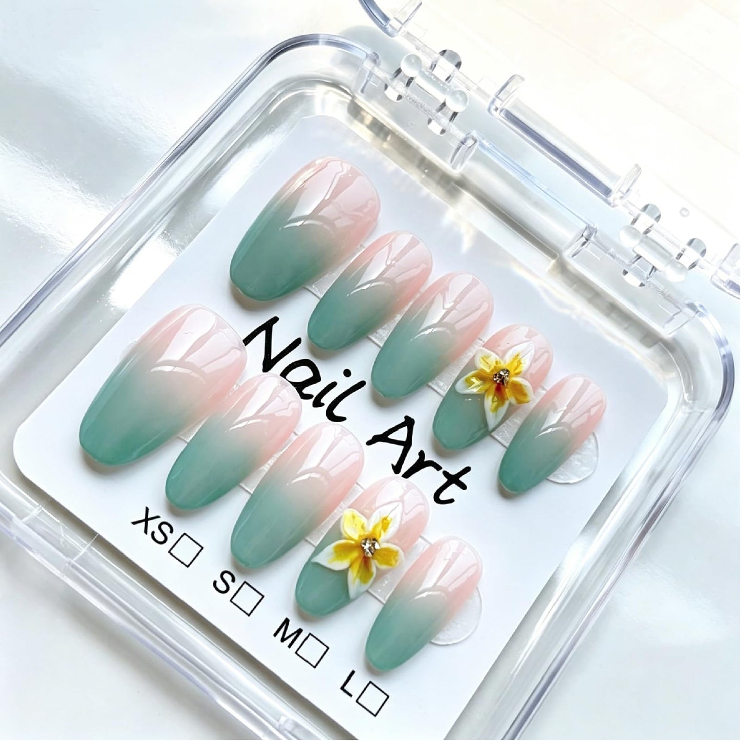 Threelegscat Summer Almond Handmade Press on Nails Medium 10PCS, Green Gradient Floral Fake Nails, Reusable Acrylic Nail Art Tips Forr Women Daily Wear Size M