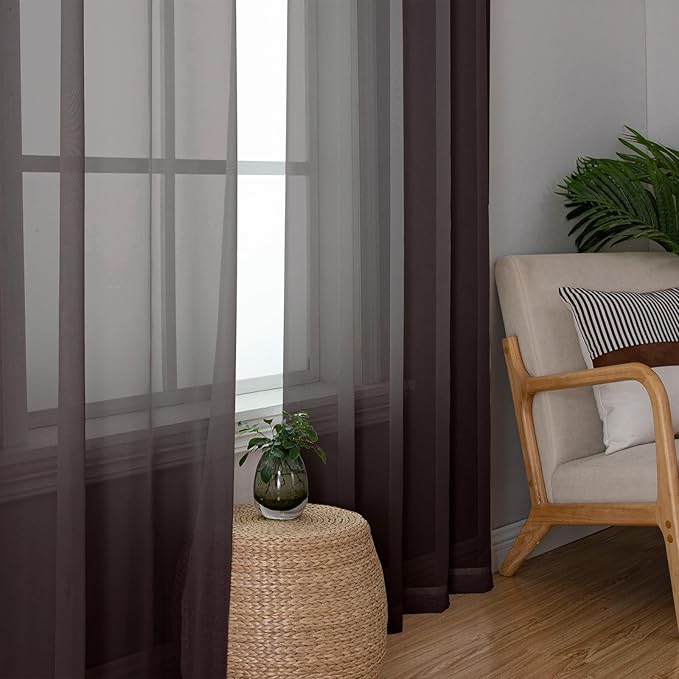 Lecloud Chocolate Sheer Curtains 96 Inches Long 2 Panels, Voile Breathable Sheer Curtain for Windows, Soft Transparent Curtains for Living Room Bedroom Rod Pocket, Each Panel 42 X 96 Inch