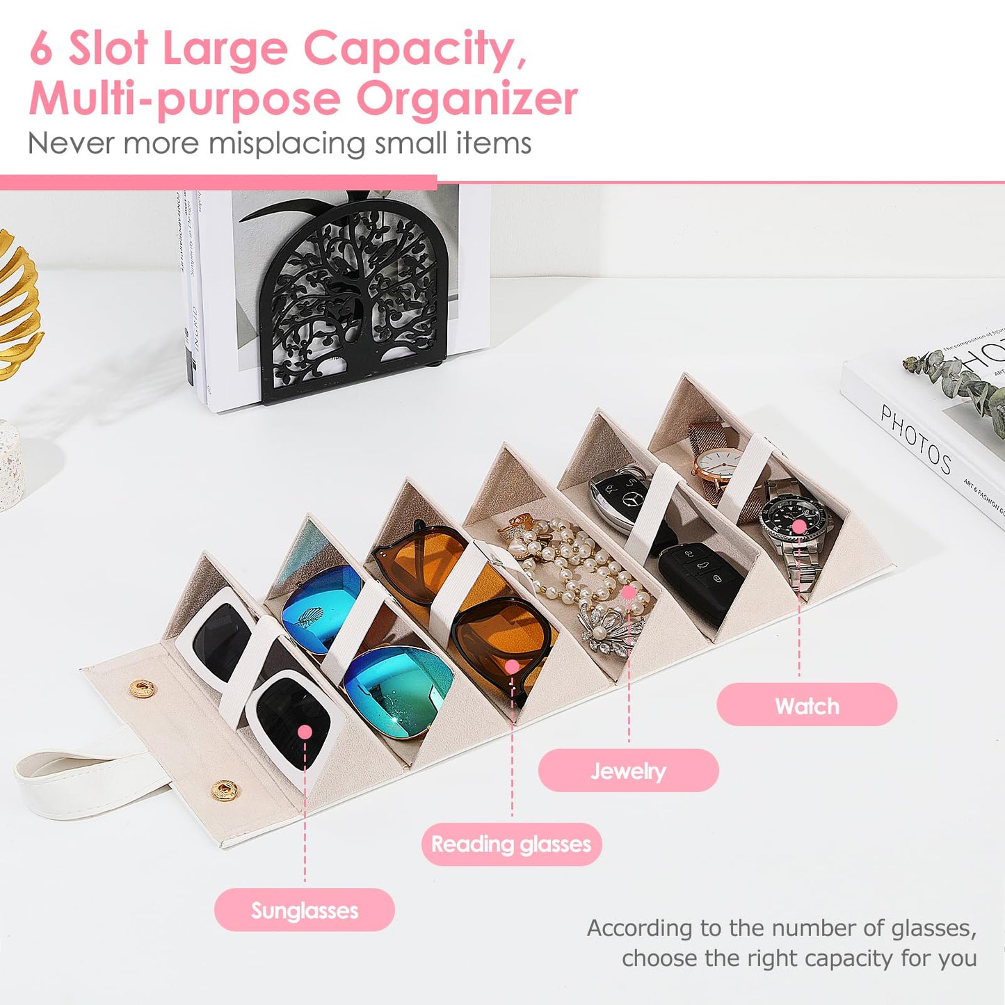 MoKo Sunglasses Organizer with 6 Slots, Foldable Travel Glasses Storage Case Holder Eyewear Display Box, Beige