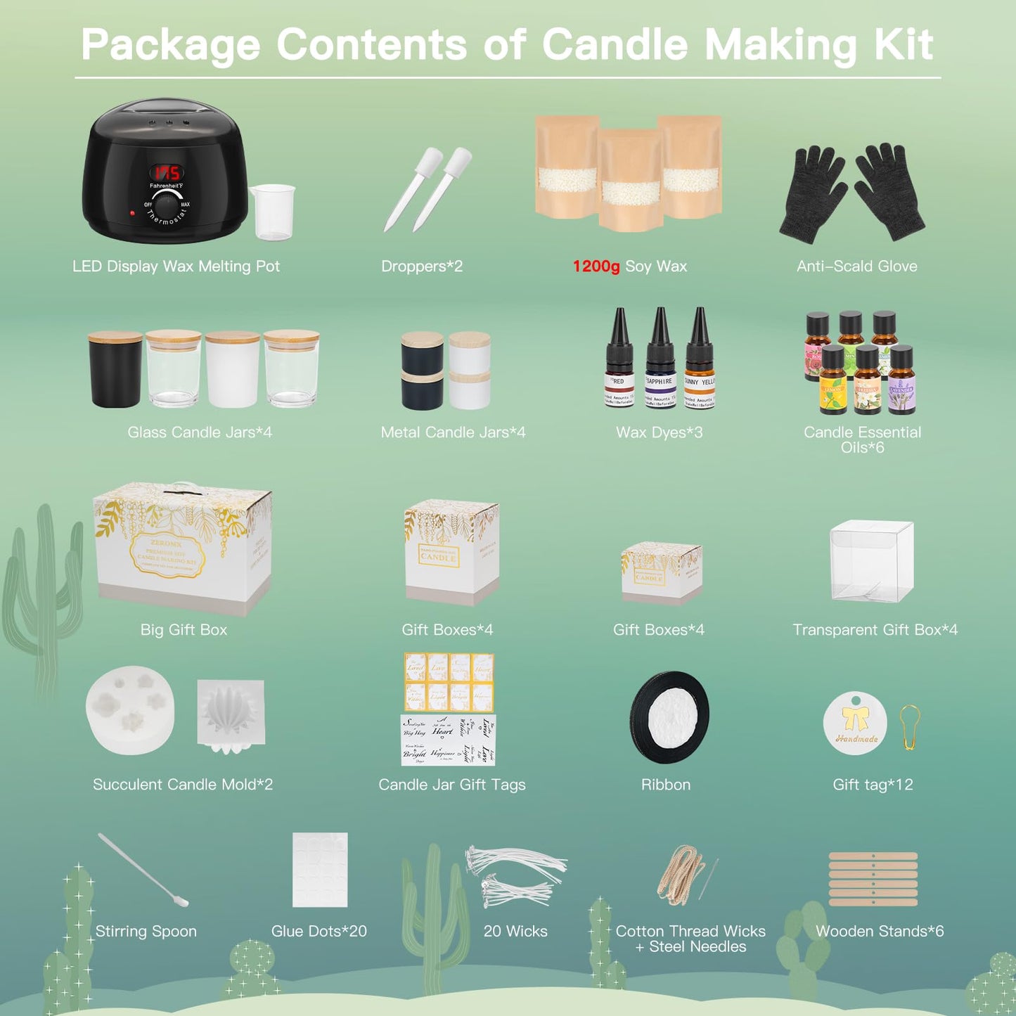 ZEROMX Candle Making Kit for Adults & Beginners - All-in-One DIY Candle Supplies with 1200g Natural Soy Wax, Hot Plate, 2 Succulent Molds, 8 Jars & Gift Boxes | Perfect for Home Crafts & Gifting