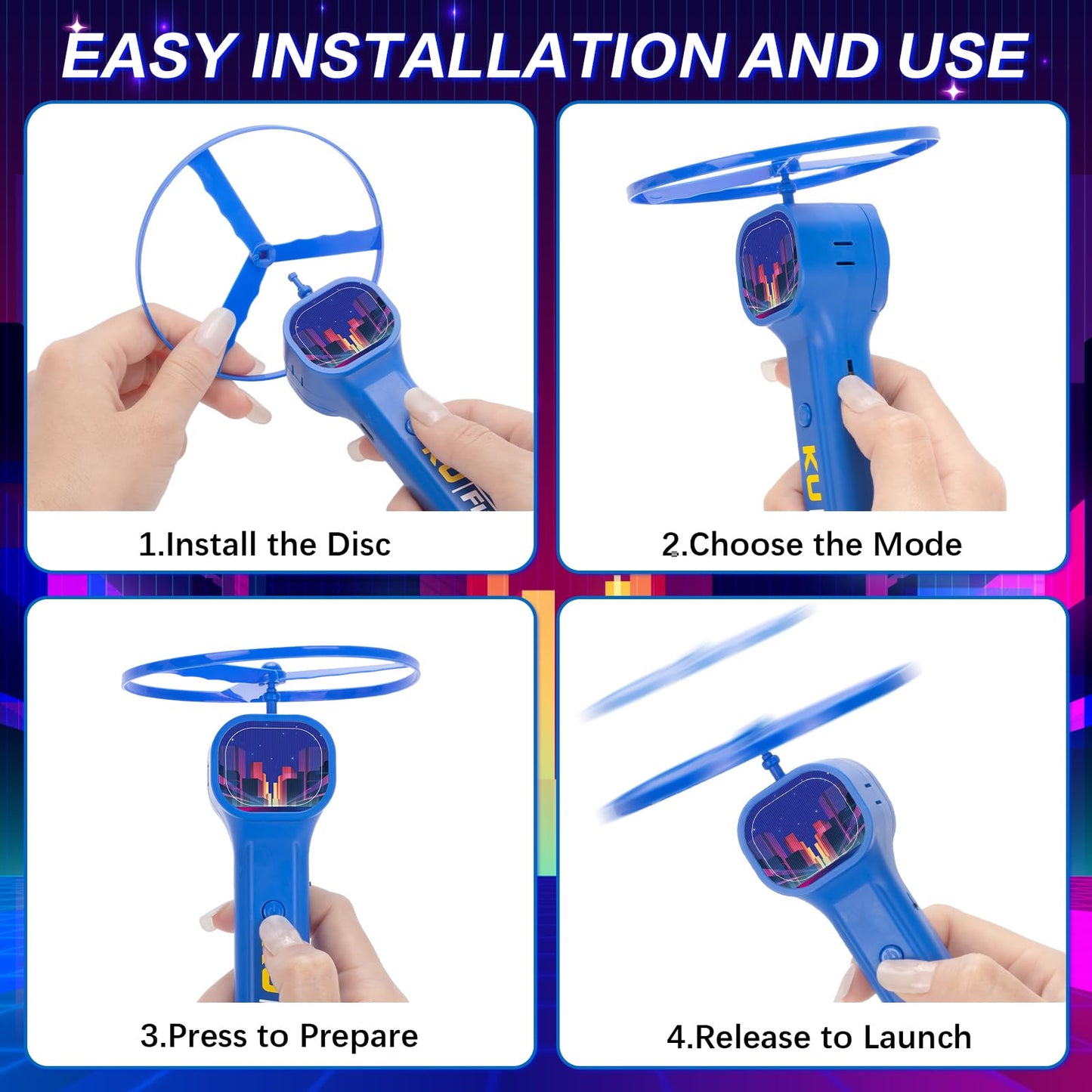 HOMQYTE Rechargeable Disc Launcher with 6 Flying Spinners for Outdoor Activities Game White Elephant Gift Fidget Toys (Blue)