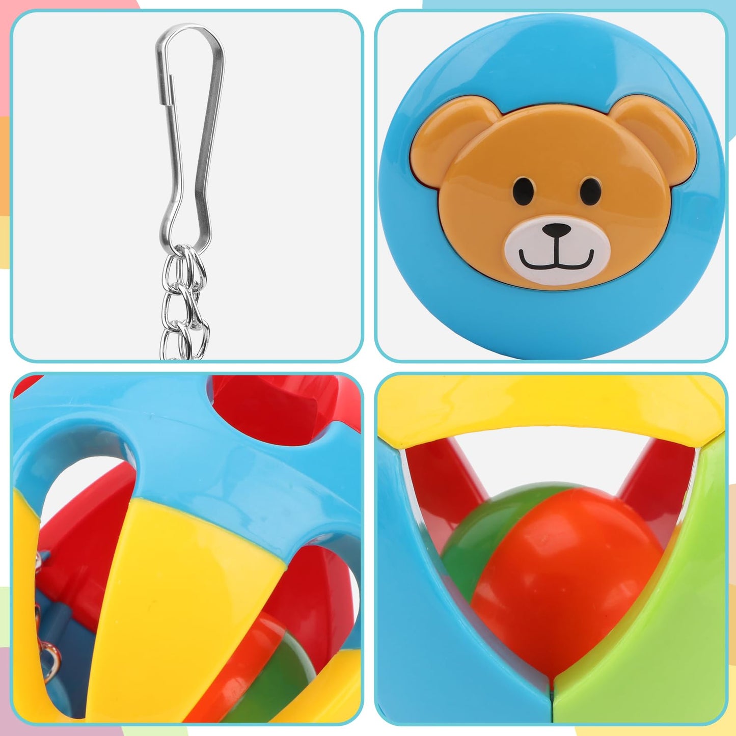 Hypeety Parrot Colorful Ball Toys with Bell Cage Hanging Chewing String for Parakeet Conure Cockatiel Small Medium Birds (A+B+C)