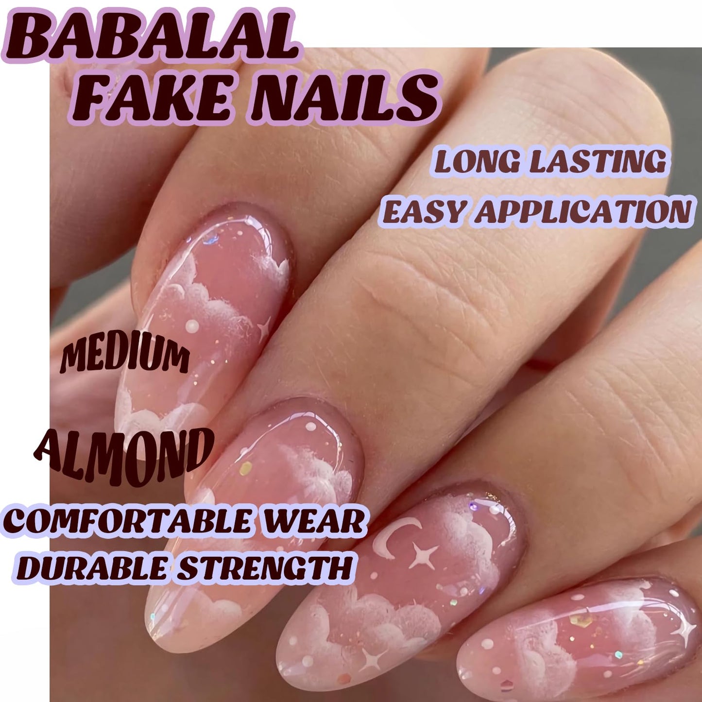 BABALAL Medium Almond Press on Nails, Pink Bling Glitter Acrylic Nails with Cute Cloud Design, 24Pcs Full Cover Glue on Nails