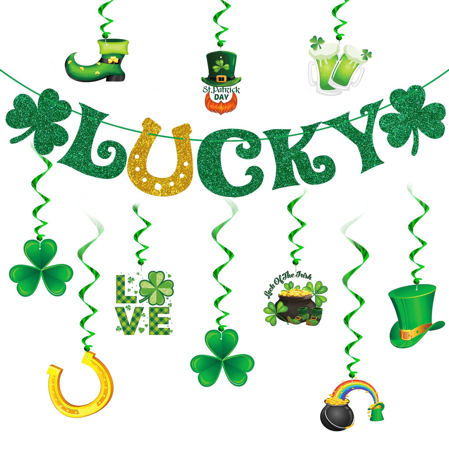 St. Patrick's Day Decorations Kit with Banner, 10 Hanging Swirls, NO-DIY Garlands Decorations for St. Patrick's Day Decor, St. Patrick's Day Party Favor, Office and Home Decor Supplies