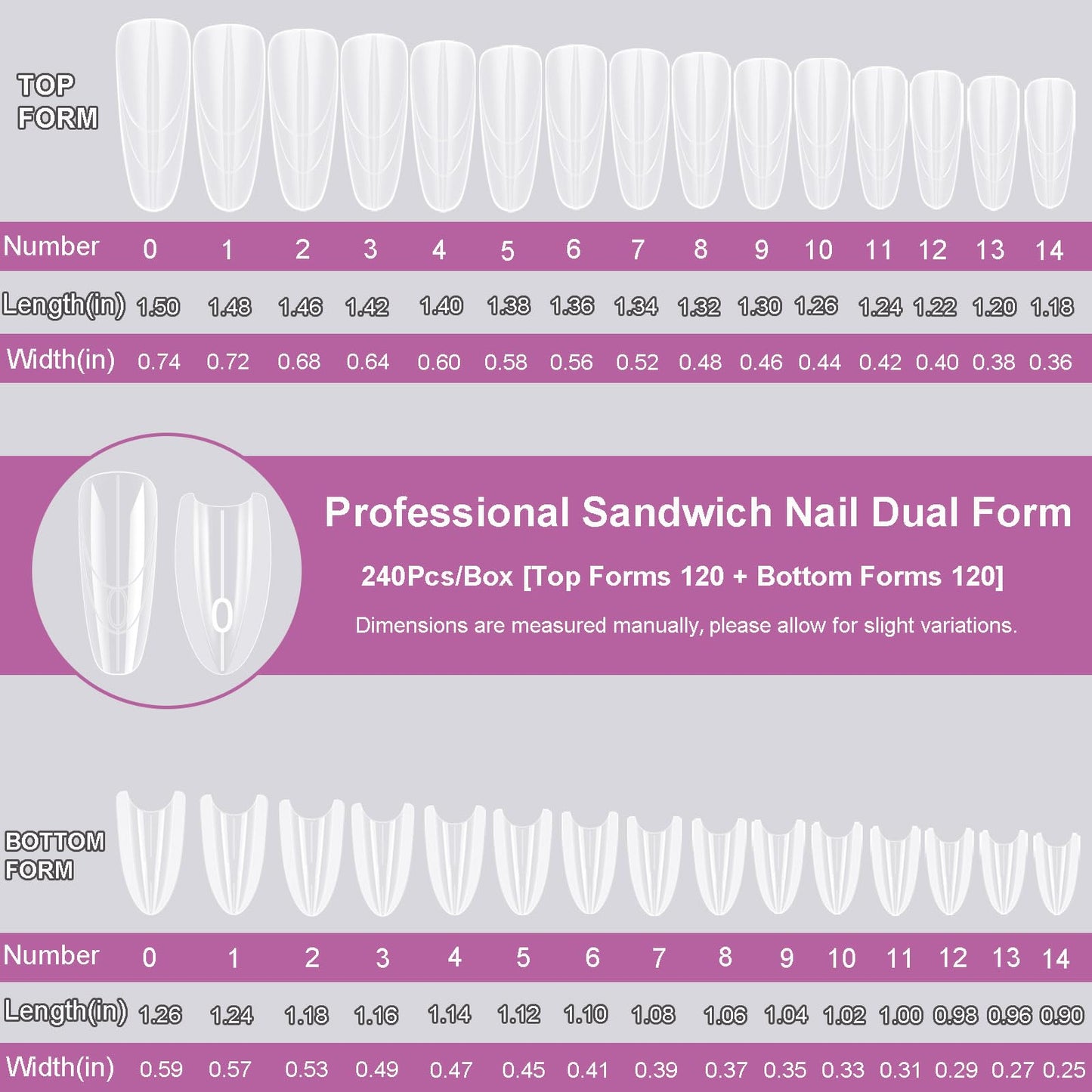 Zvarikto Sandwich Nails Dual Forms 240Pcs Oval Shape, Dual Nail Extension Forms with 15 Sizes, Reusable Plastic Nail Mold for Builder Gel & Poly Gel, No Paper Forms Needed, Salon & Home DIY Nail Art