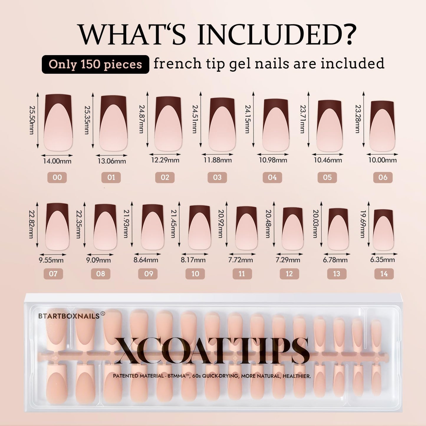 BTArtboxnails XCOATTIPS Press on Nails - French Tip Press on Nails Long Square, Skin Tones Soft Gel Nails False Nail Tips, Soak Off Acrylic Nails Extensions