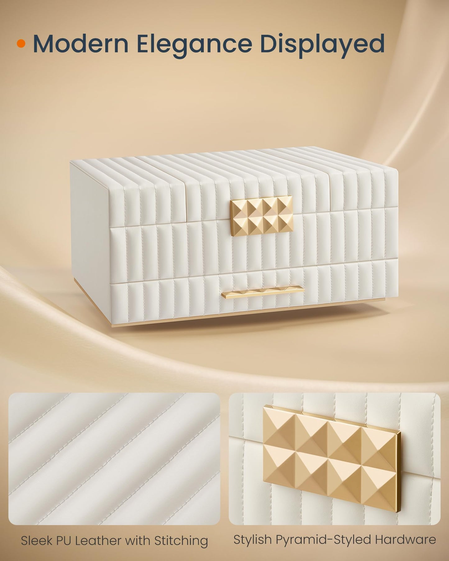 SONGMICS HOME Large Capacity Jewelry Box with Mirror, Jewelry Organizer with a Drawer, PU Surface with Stitching, 10.6 x 15 x 6.3 Inches, Cloud White, ANAH Collection UJBC184W01