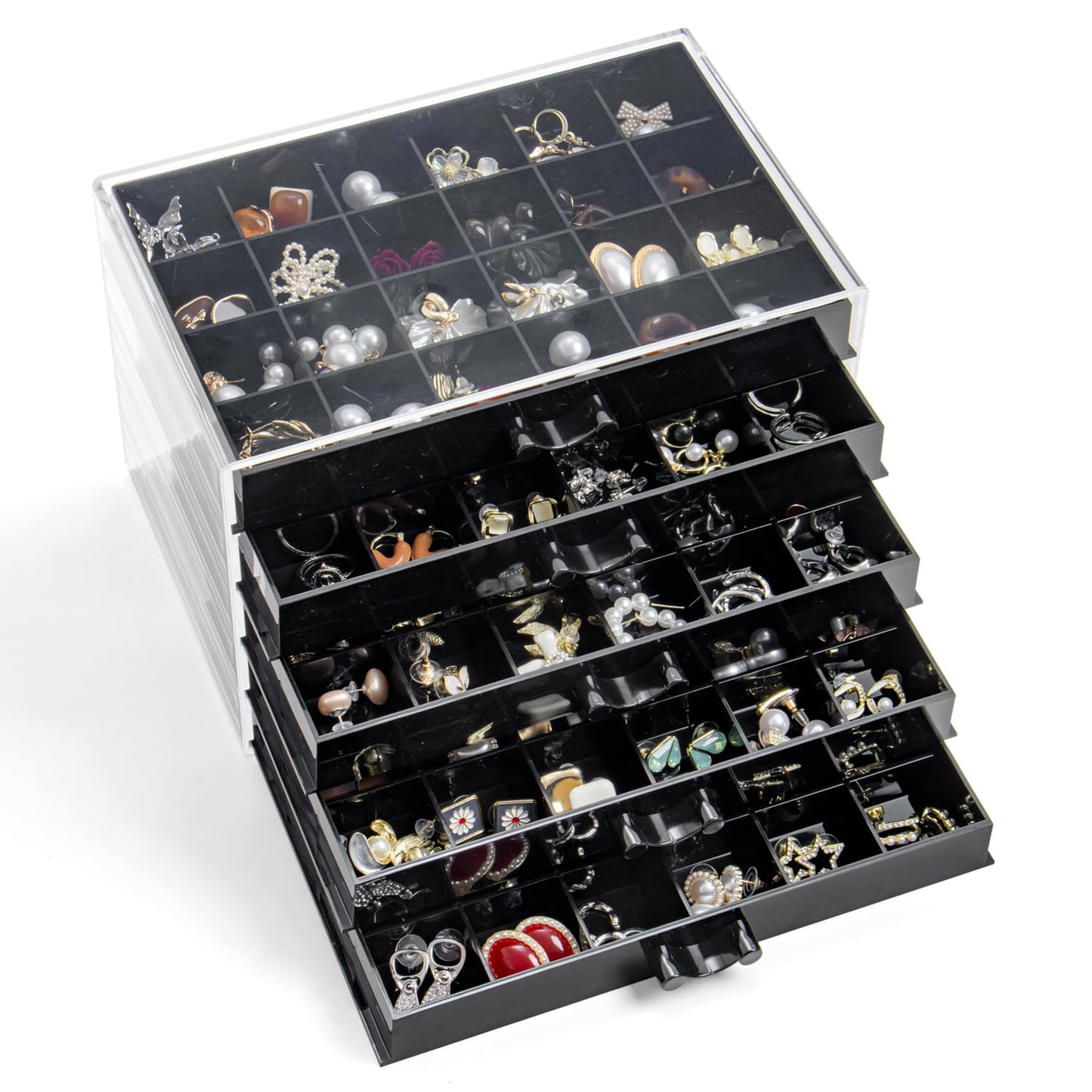 YUFONG Earring Storage Box Organizer, Acrylic Jewelry Storage Box Holder 5 Drawers Transparent Jewelry Display Stand with 120 Small Compartments Gift Boxes for Women Girls (Black)