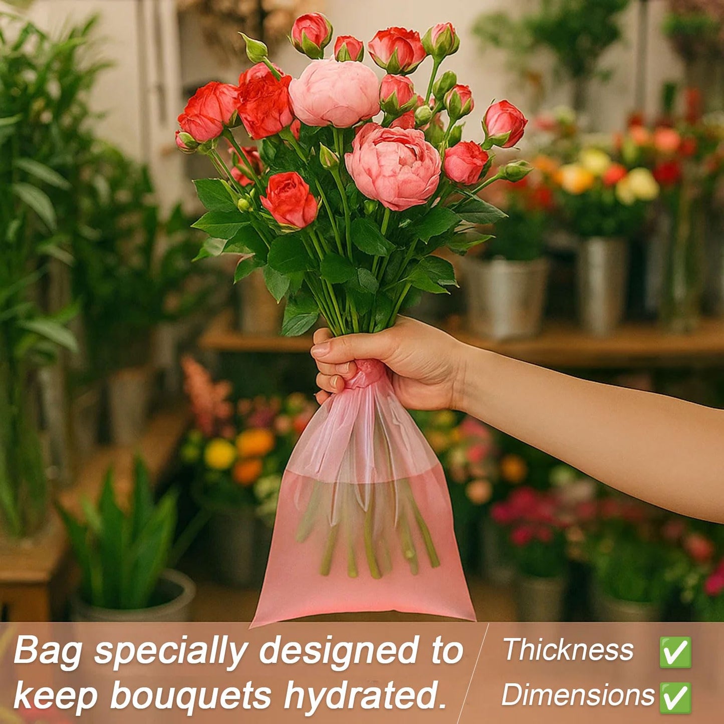 Tpocikd 100PCS Pink Water Bags for Flower Bouquets – 6x10in Leak-Proof Floral Wrapping Sleeves, PE Hydration Bags for Fresh Cut Flowers, Vase-Free Flower Packaging Solution