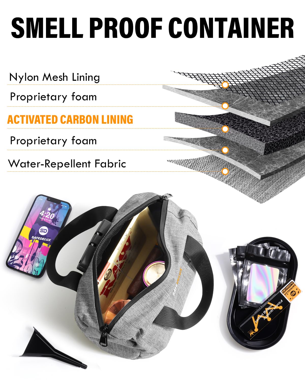 SafeDelux Smell Proof Bag with Combination Lock, Odorless Activated Carbon Fiber Smell Proof Container, Portable Stash Box for Travel, Home, Office & Gifts (Black1)