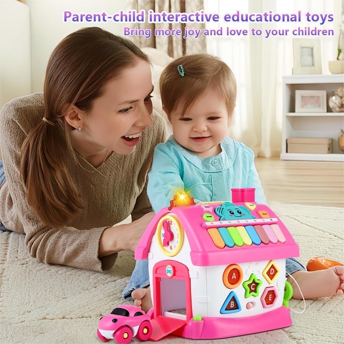 OKREVIEW Montessori 8-in-1 Bilingual Musical Activity House | EN/ES Learning Toy with Volume Control & Travel Handle | Develops Fine Motor Skills for 1-3 Year Old Toddlers & First Birthday Gift