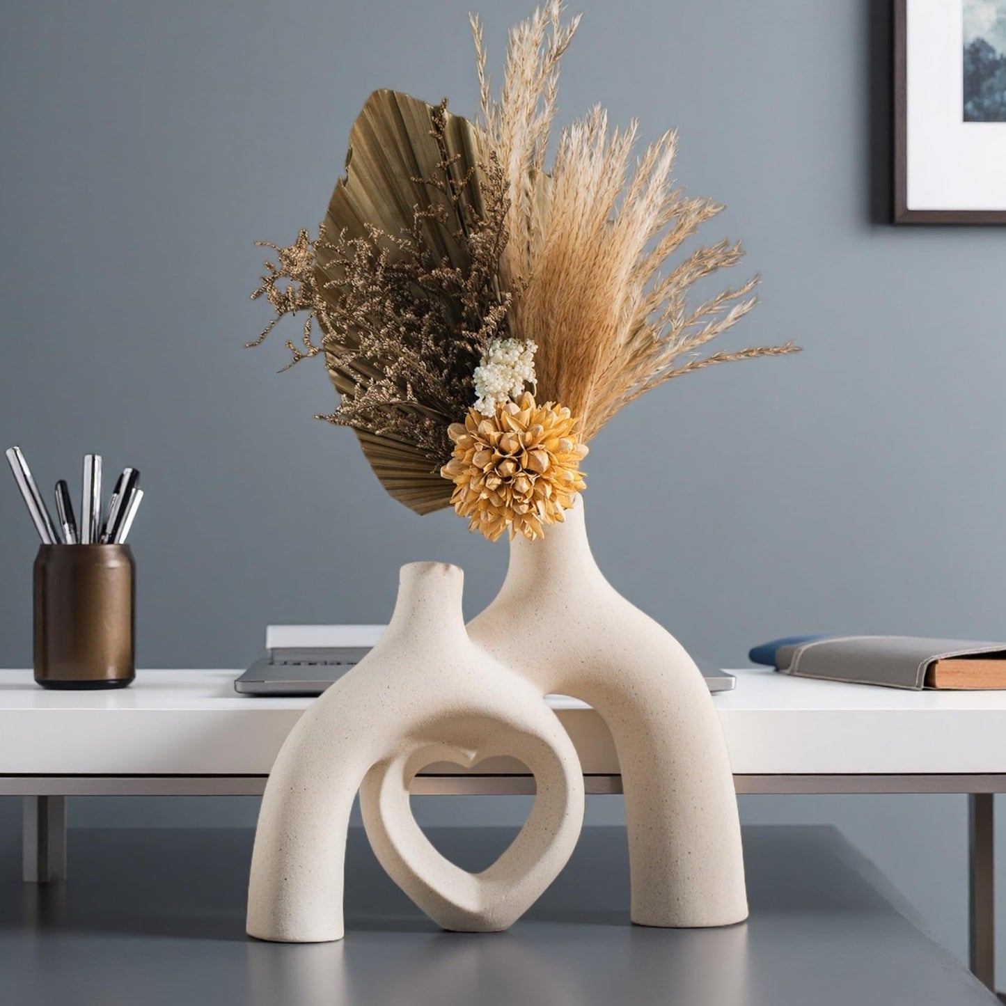 Lvases Modern Ceramic Vase, Snuggle Heart-Shaped Abstract Sculpture Vases, Minimalist Boho Home Decor for Living Room Shelf & Table Centerpiece Decorative Vase (Milky White)