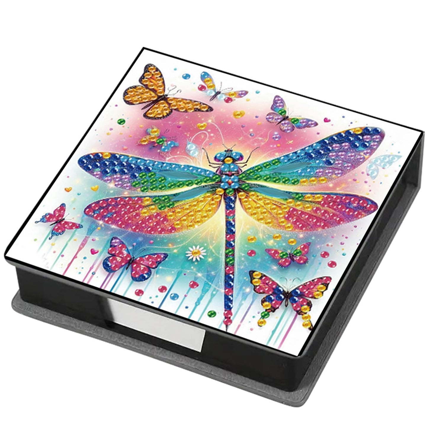 POETRYDRAW 5D DIY Diamond Art Painting Notecard Box Dragonfly– Memo Pad Sticky Note Holder with 160 Sheets, Gem Art Notecard Organizer for Adults