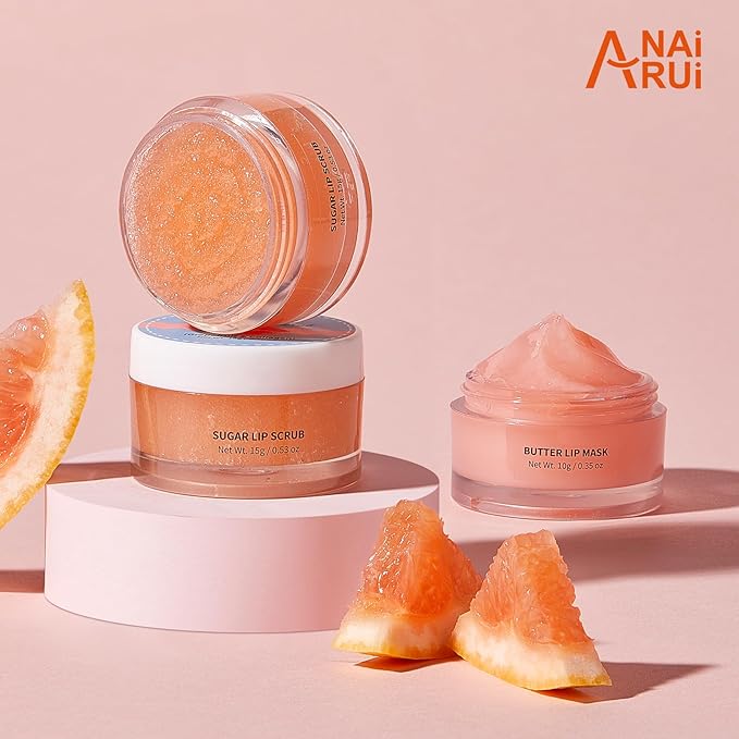 ANAI RUI 2 Lip Care Kits with Turmeric Lip Mask Set & Graperfruit Lip Treatmen Set for Dark Lips, Hydrating & PlumpIng Lips