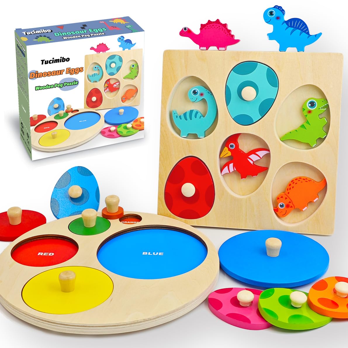 Tucimibo Dinosaur Matching Eggs Multi-Layer Wooden Peg Puzzles, Sorting & Stacking Montessori Early Educational Learning Shape Toys for Preschool Boys & Girls, Christmas Birthday Gifts for Toddlers