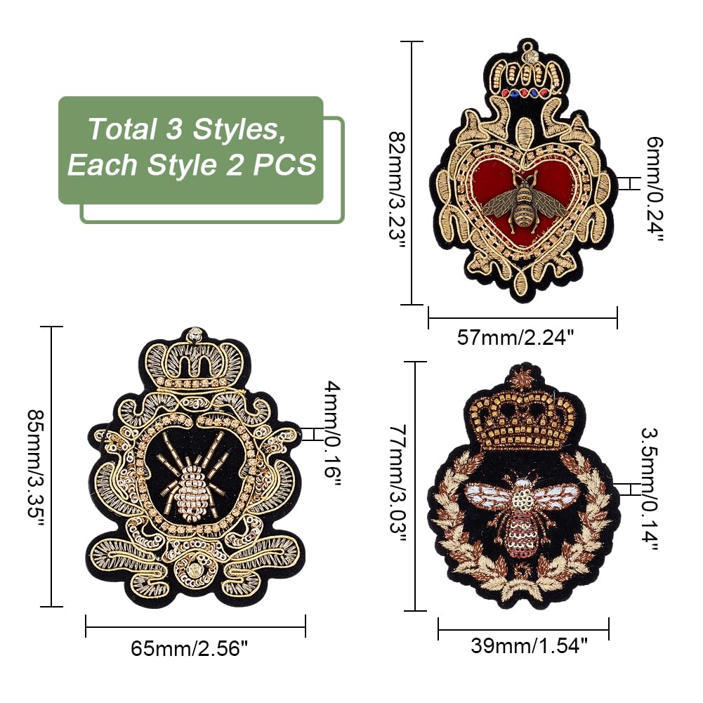 AHANDMAKER 6pcs Crown Bee Badge Embroidered Applique Patch, 3 Style Embroidered Badge Patch Sew On Patches DIY Decorative Applique Patches for Dress Jeans Jackets Handbag Clothing