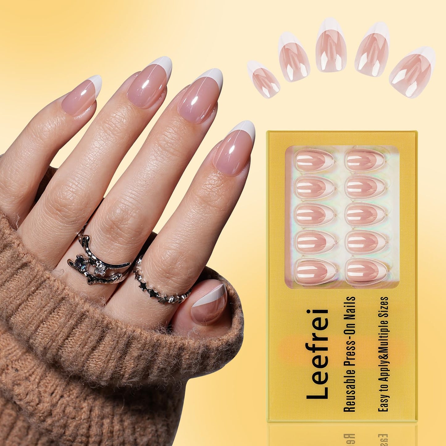 Leefrei French Tip Press on Nails - White Short Almond Press on Nail, Laser Fake Nails Reusable Nails Press ons for Women, 32 Pieces in 16 Sizes False Nails Kit with Glue, Silva Blanc