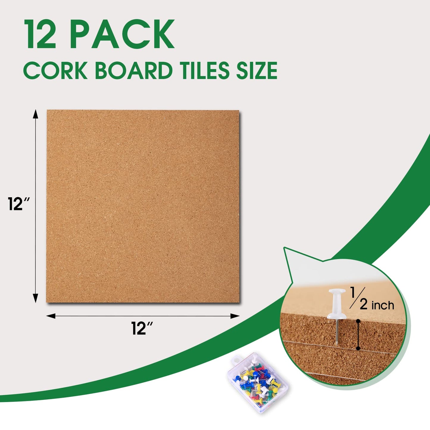 GARDYUE 12 Pack Cork Bulletin Board 12 x 12 Inch - 1/2" Thick Cork Board Tiles,Self-Adhesive Frameless Cork Tiles Wall Decor with 100 PCS Pushpins for DIY, Office, School and Home Decor