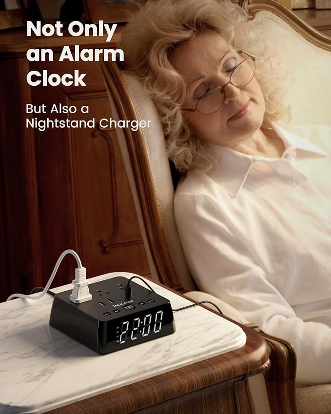 JACKYLED Alarm Clock with 4 USB Chargers, Power Strip 3 Outlets, 1700J