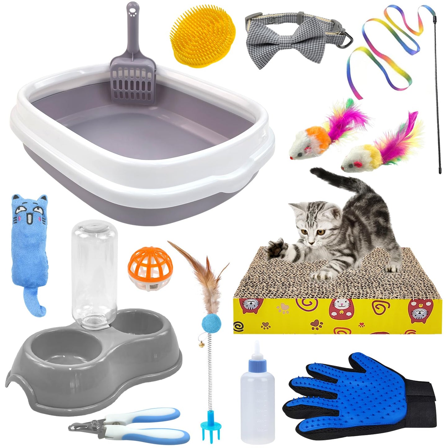Kitten Starter Kit - 15 Piece Cat Essentials Set Includes Litter Box, Toys, Collars, Scratch Pad, Nail File, Automatic Feed Bowls, Grooming Gloves (Gray)