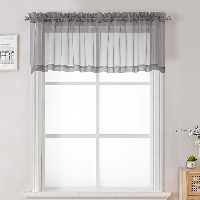 Lecloud Charcoal Grey Sheer Valances for Windows 18 Inch Length 2 Pcs, Cafe Kitchen Curtains for Bedroom Living Room, Short Curtains for Small Windows with Dual Rod Pocket Home Decor, 42" W x 18" L